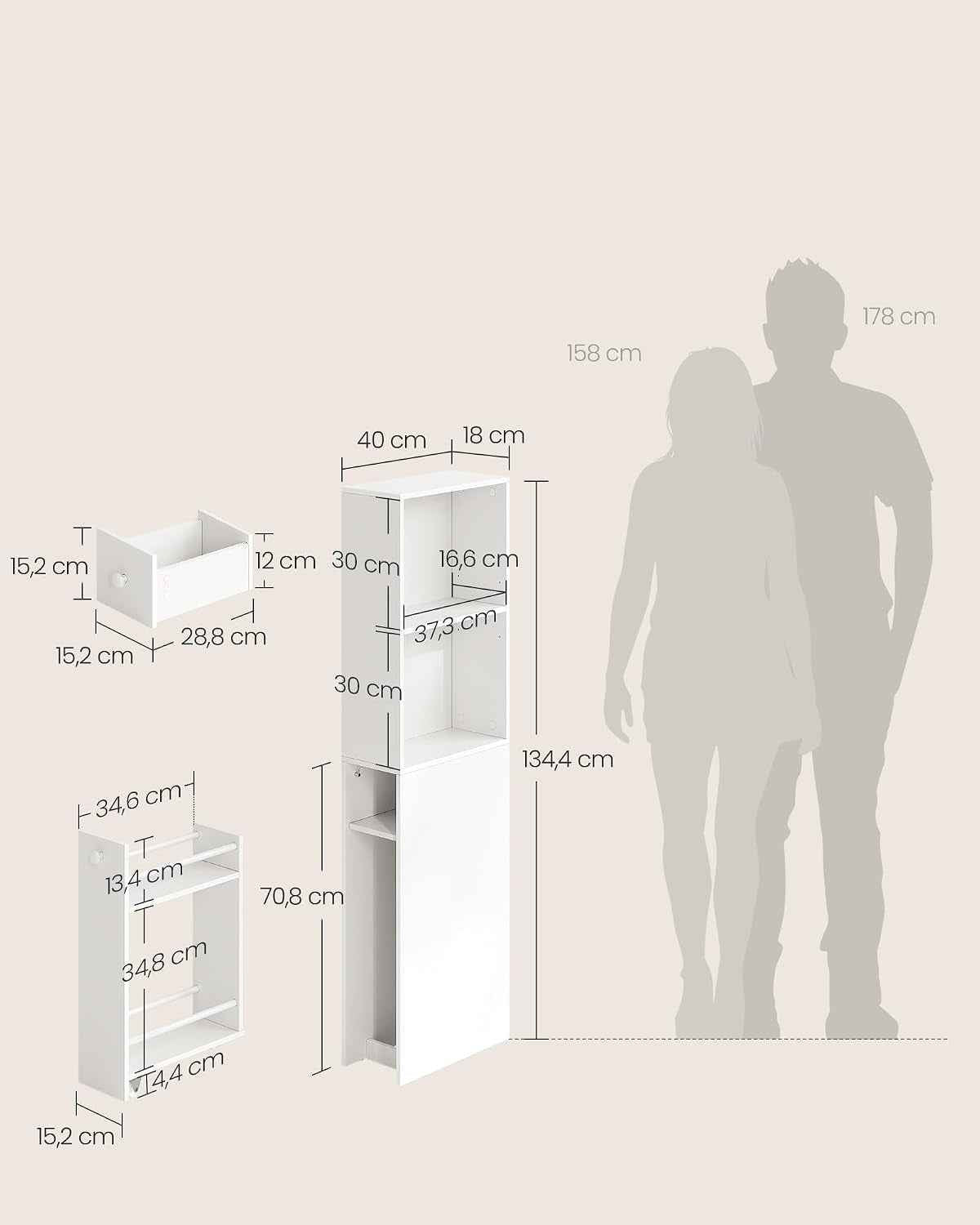 Custos Collection - Meuble De Salle De Bain Haut Et Fin, Colonne De Rangement Avec Tiroirs Et Étagère Réglable, Armoire Pour Petits Espaces, Style Moderne, Blanc Classique BBK567T14V1