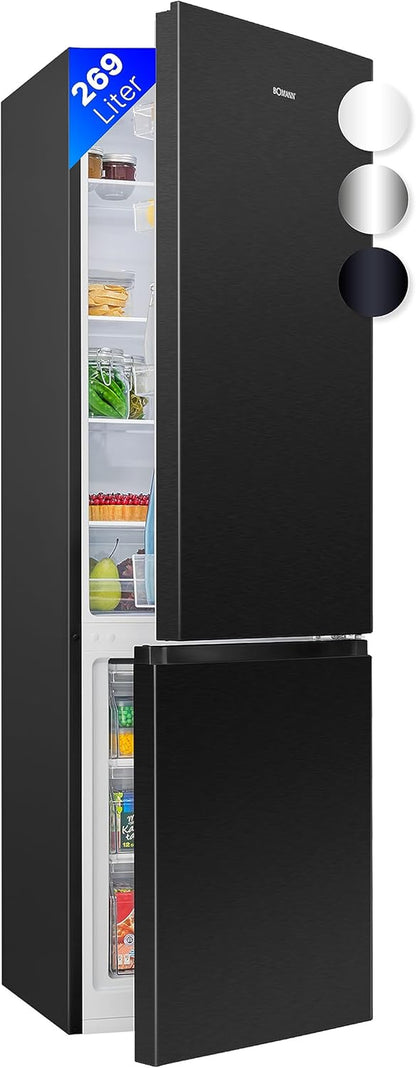 Bomann Réfrigérateur Et Congélateur 269L Noir Kg184-1-Inox/Noir, Capacité Nette : 269 Litres, Contrôle De La Température En Continu, Charnières De Porte À Droite, Interchangeables