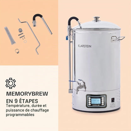 Mundschenk - Cuve De Brassage, Cuve Fermentation Bière, Memorybrew, Ecran LCD, Inox 304, Avec Tamis Et Récipient À Grains, Chauffage De 2500 W, 30 L - Argent