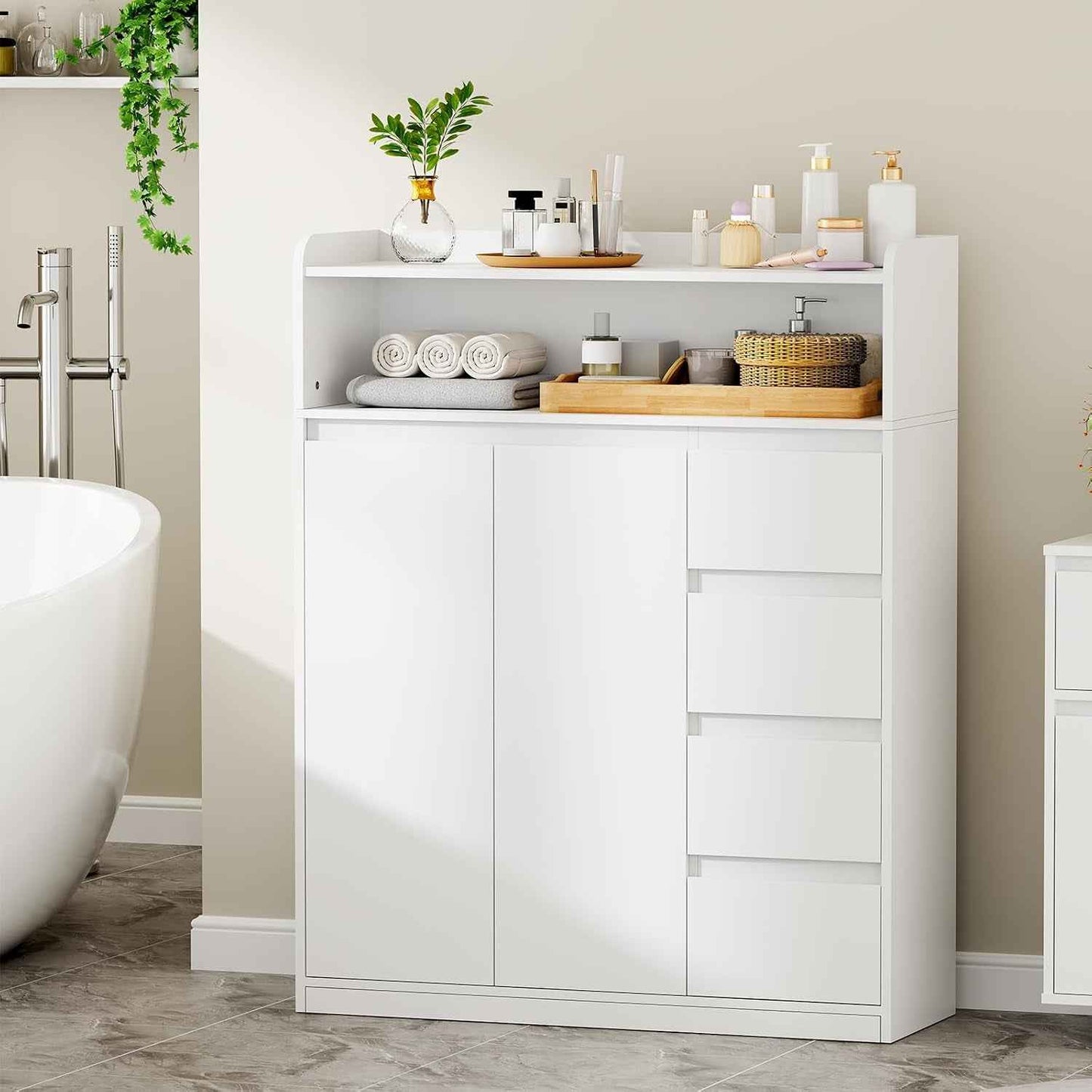 Meuble Salle De Bain, Armoire Sur Pied Haute Niveaux 110X80X30Cm | Meuble De Rangement Avec Étagère Réglable À 4 Tiroirs, 2 Portes, Commode, Pour Salon, Salle De Bain, Blanc SBC015W