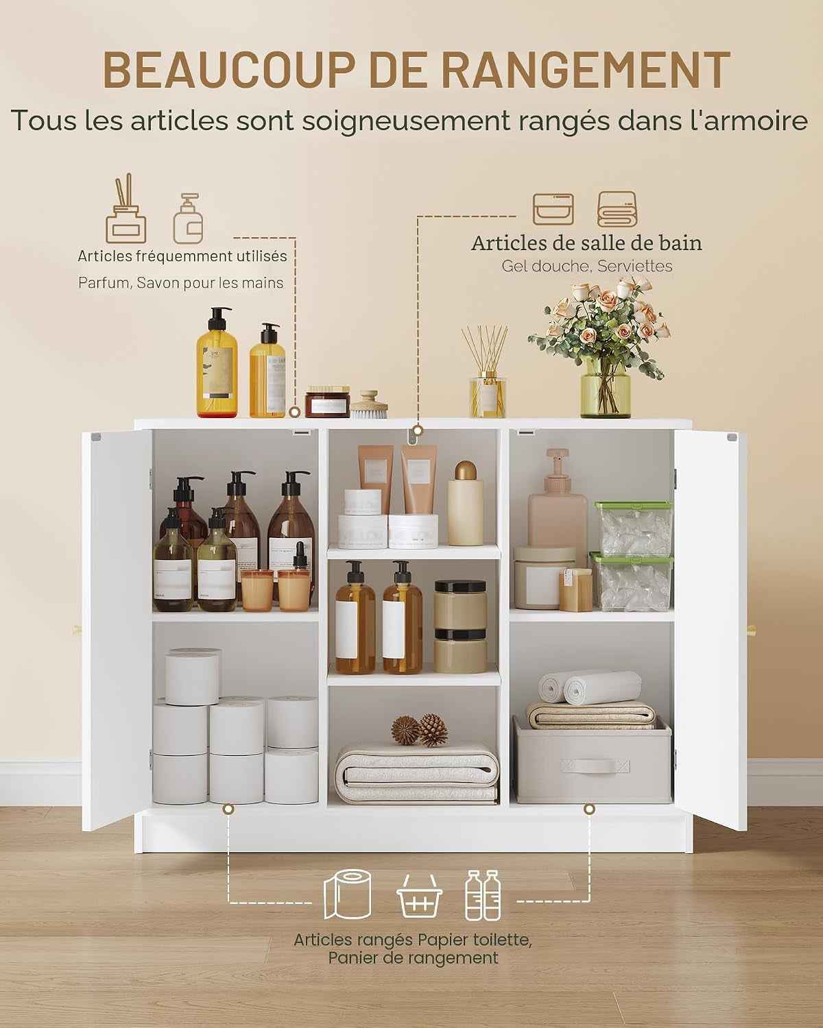 Meuble Salle De Bain, Meuble De Rangement Avec Étagère Réglable | Armoire Sur Pied Avec Arquées Et 3 Étagères Ouvertes, Pour Salle De Bain, Salon, 30 X 100 X 81,5 Cm, Blanc SC21203X