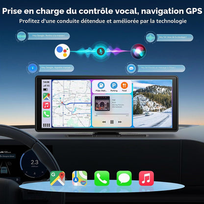 10.26" Écran Carplay Sans Fil Pour Apple Carplay & Android Auto, Écran Tactile HD Portable Car Play Voiture Avec 4K Dashcam / Caméra De Recul 1080P Avec Mirror Link, BT, Assistant Vocal, GPS, FM