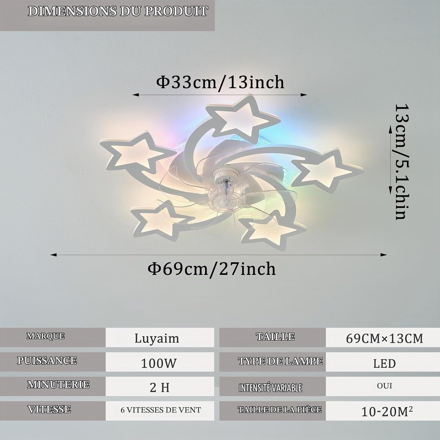 Lampe Ventilateur Plafond Silencieux Reversible Ventilateur Plafond Avec Telecommande Star RGB Suspension Luminaire LED Dimmable 6 Vitesses Dc-Motor Plafonnier Ventilateur Design