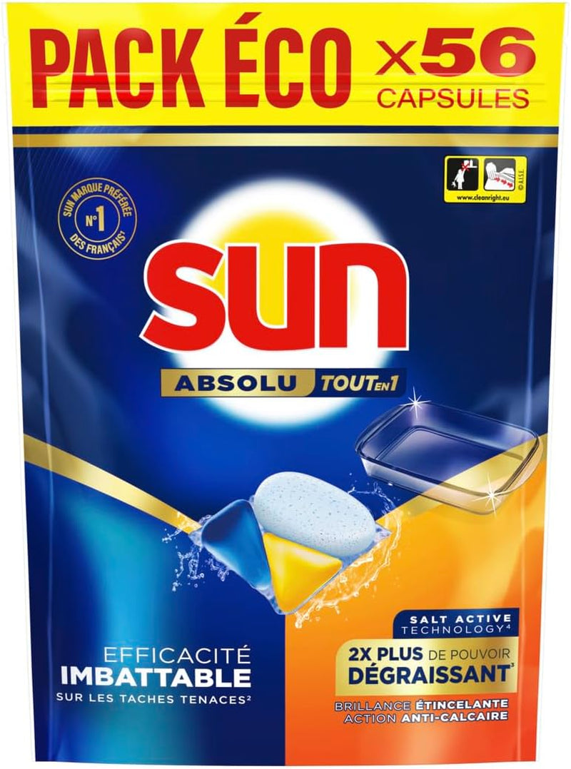 Pastilles Lave-Vaisselle Absolu Tout-En-1 Dégraissant - 56 Capsules - Tablettes Imbattables Sur Les Taches Tenaces - 2X plus De Pouvoir Dégraissant
