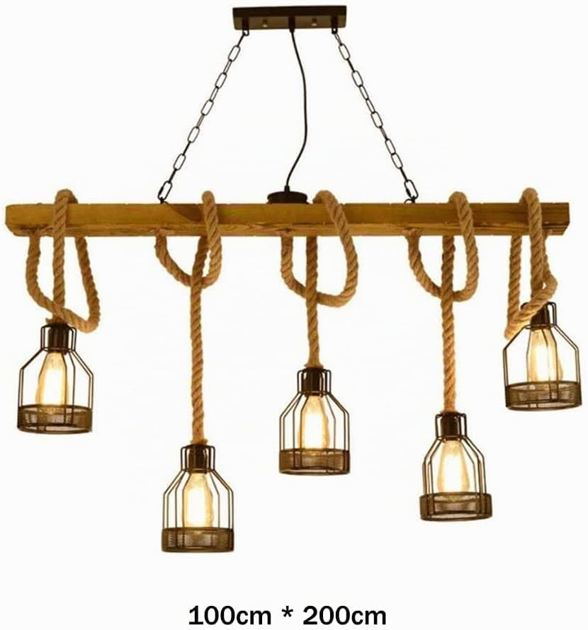 Suspension Rétro Lampe Suspendue Bois Antique E27 Lampe De Salle À Manger Lustre En Corde De Chanvre Chaîne Métallique Industrielle Restaurant Pays Chambre Salon Plafonnier 5 Flammes