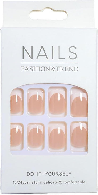 24 Pièces Ongles À Coller Manucure, Faux Ongles Court Carrés Français Rose Nude Ongles, Nails Autocollants Pour Femme Et Fille Nail Art,A