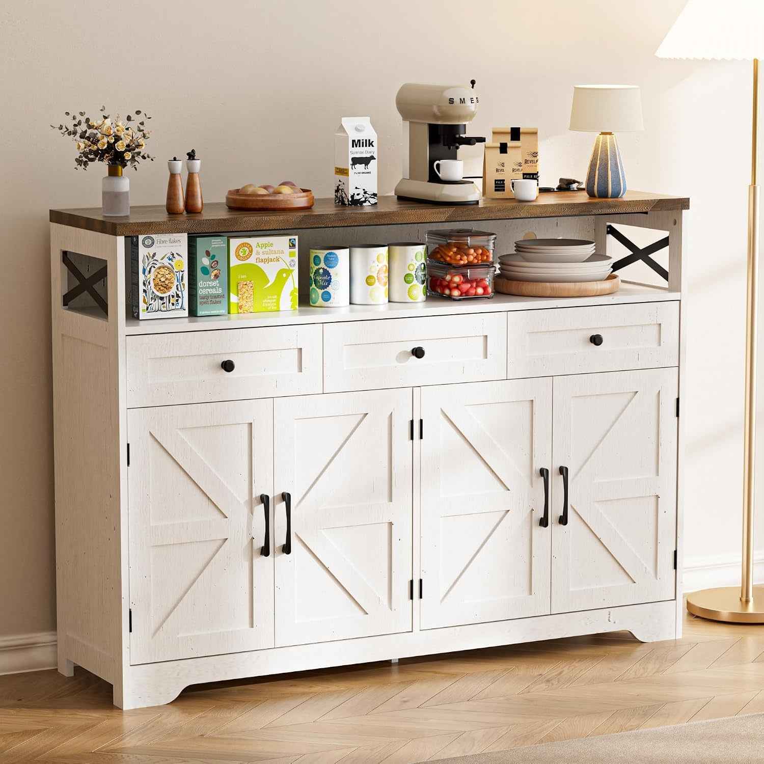 Meuble De Rangement, Buffet, Avec Placard 4 Portes, 3 Tiroirs, Enfilade Avec Étagère Ouverte, Pour Salle À Manger, Salon, Cuisine, Entrée, 130 X 35 X 95 Cm, Blanc