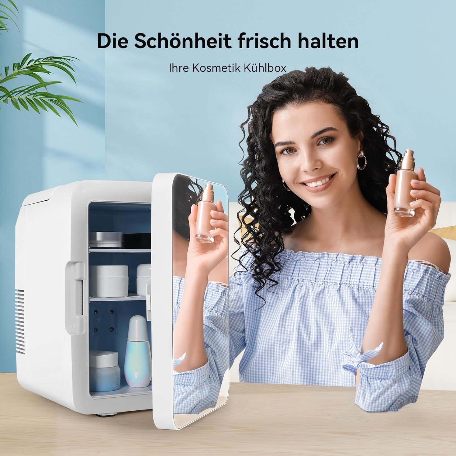 Mini Frigo 10L Avec Miroir, Mini Réfrigérateurs Portable, Petit Frigo Cosmetique 12V/220V, Frigo De Chambre Avec Fonction Chaud/Froid, Miroir De Maquillage Pour Voitures, Blanc