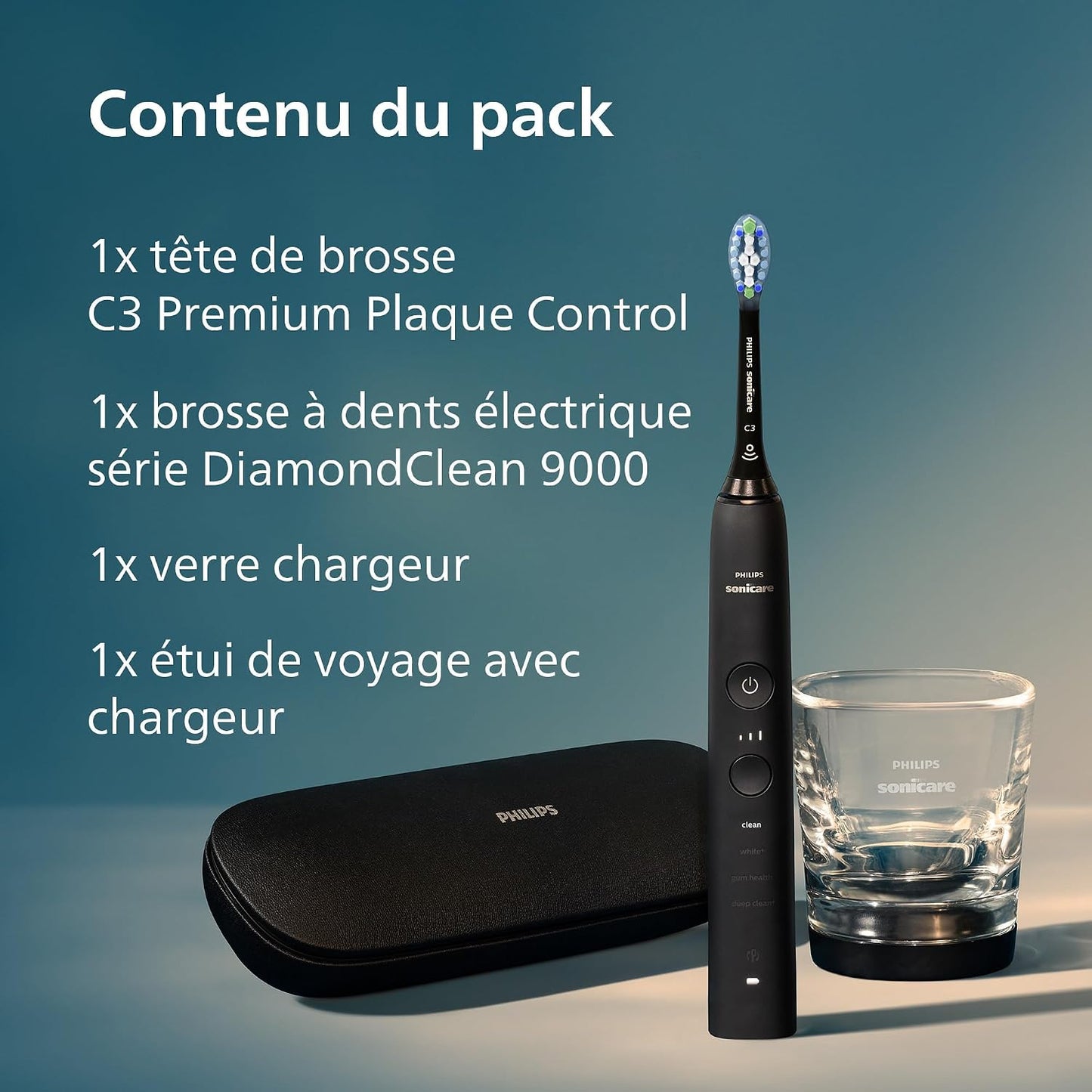 Sonicare Diamondclean 9000 - Brosse À Dents Électrique Avec Application, Capteur De Pression, 4 Modes De Brossage, 3 Niveaux D'Intensité, Verre De Charge, Coffret Voyage USB, Noir, HX9911/09