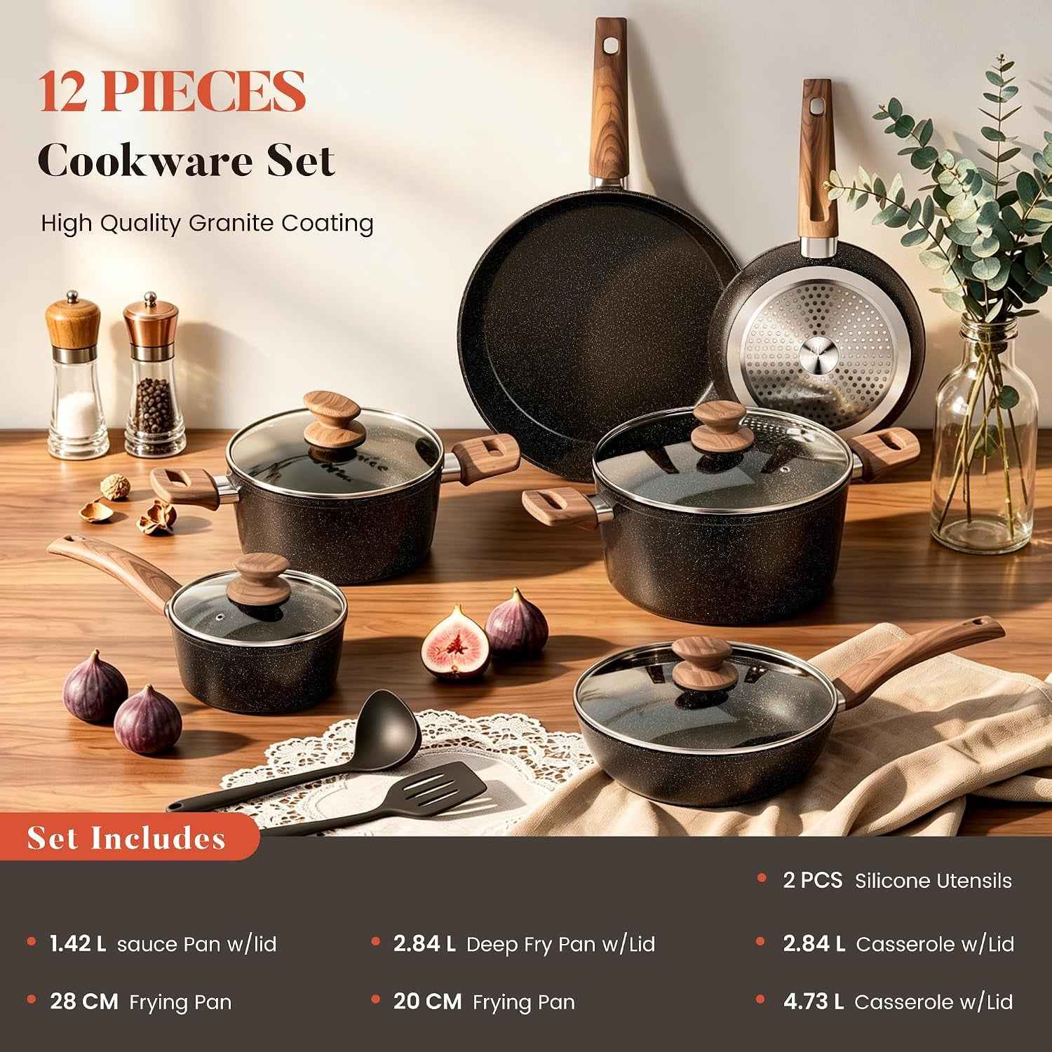 Batterie De Cuisine Induction 12 Pièces Antiadhésives | Noir Granite Set De Poêles Et Casseroles, 100% Sain Et Sans PFOA Ni PFOS, Compatible Avec Toutes Les Plaques De Cuisson