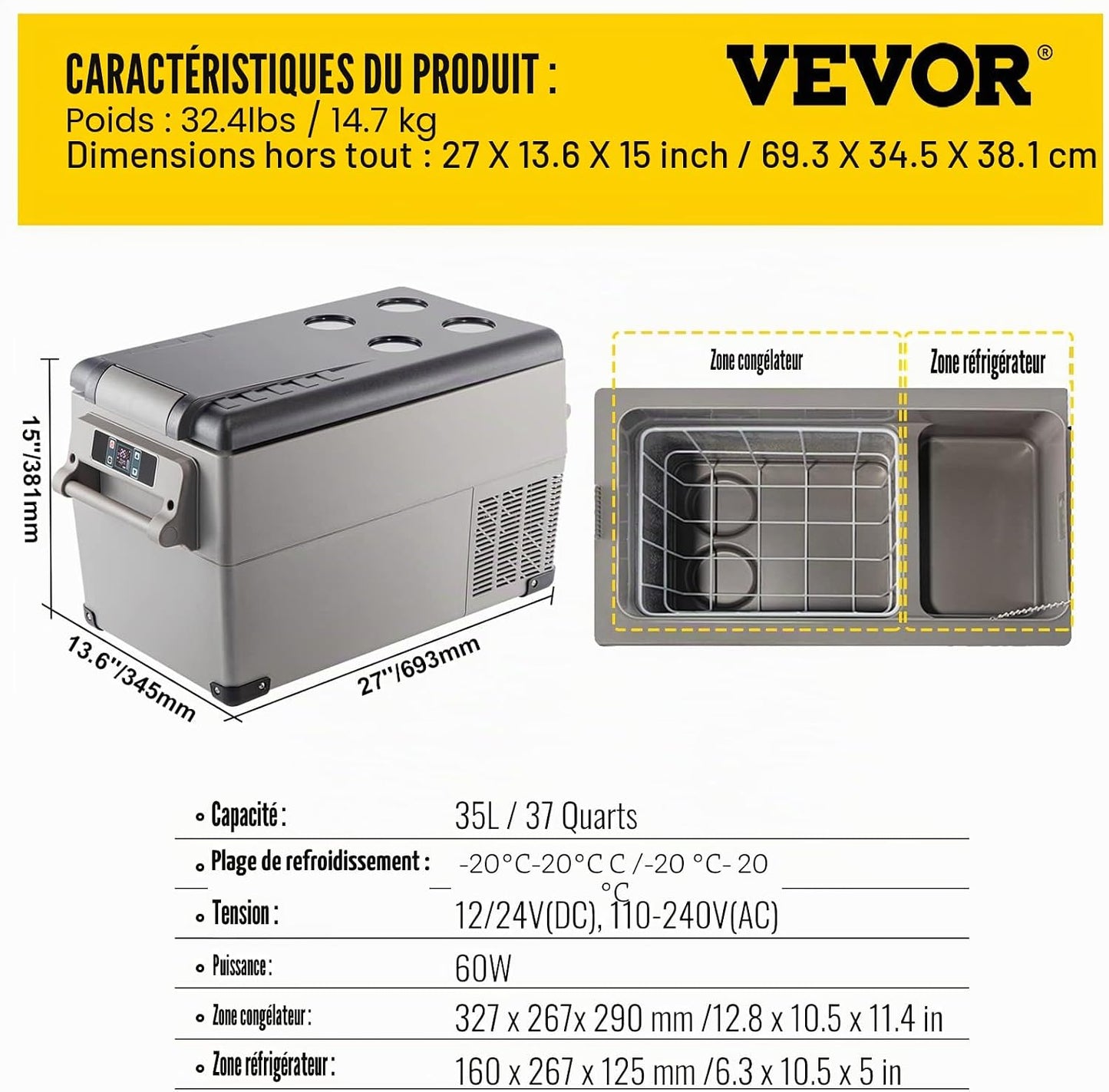 Glacière Électrique Voiture, 35 L, Réfrigérateur Portable À Compression, Mini Frigo, 69,3X34,5X38,1 Cm, Mini Congélateur Avec Écran LCD Numérique -20 À 20 ℃ Pour Maison/Voiture/Camping