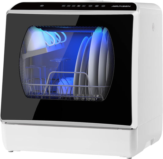 Mini Lave-Vaisselle De Comptoir, 5+1 Programmes, Réservoir D'Eau De 5L, Contrôle Tactile Et Écran LED, Adapté Pour Les Cuisines Familiales, Appartements Et Dortoirs, Blanc Et Noir