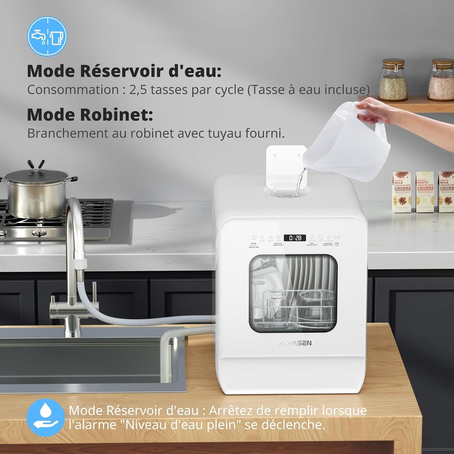 Mini Lave-Vaisselle De Table Avec 7+2 Programmes, Design Ultra-Étroit & Profond 37 * 50Cm, 4 Couverts, Démarrage Différé 1-24H, Double Jet 360°, Réservoir D'Eau De 5L, Blanc (Blanc)