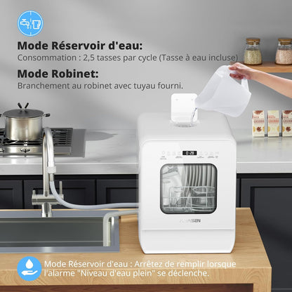 Mini Lave-Vaisselle De Table Avec 7+2 Programmes, Design Ultra-Étroit & Profond 37 * 50Cm, 4 Couverts, Démarrage Différé 1-24H, Double Jet 360°, Réservoir D'Eau De 5L, Blanc (Blanc)