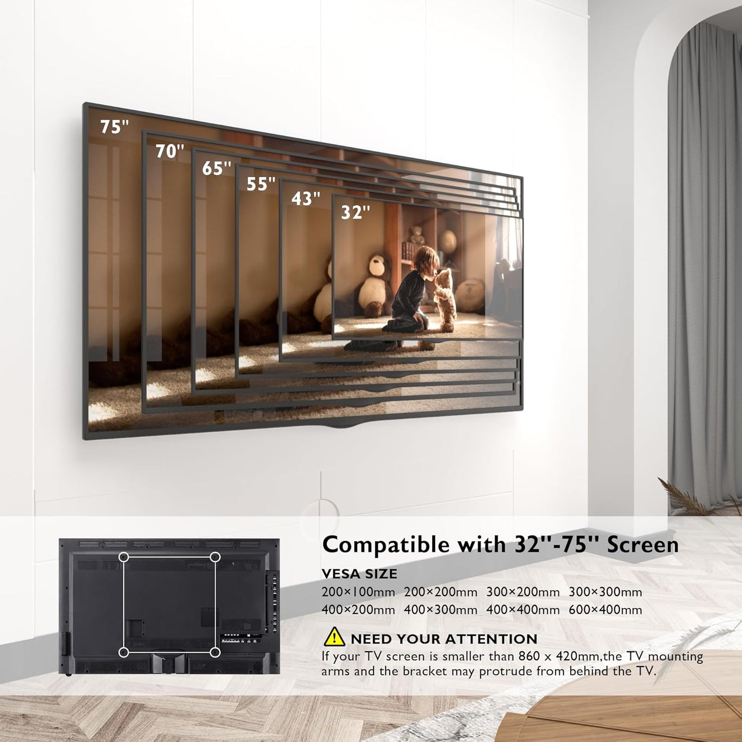 Support Mural TV À Extra Longue, 32-75 Pouces, Portée 1040 Mm | Charge Maximale 60 Kg, VESA Max 600X400 Mm, Pivotement, Inclinaison Et Rotation, Écrans Plats Ou Incurvés