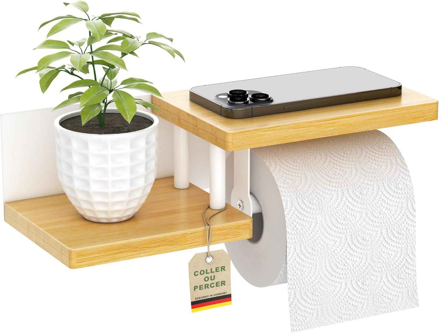 ® Porte Papier Toilette Mural En Bois De Bambou [Sans PERCAGE] | Derouleur Papier Toilette De Haute Qualité Avec Étagères | Blanc | Porte Rouleaux De Papier Toilette