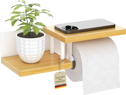 ® Porte Papier Toilette Mural En Bois De Bambou [Sans PERCAGE] | Derouleur Papier Toilette De Haute Qualité Avec Étagères | Blanc | Porte Rouleaux De Papier Toilette