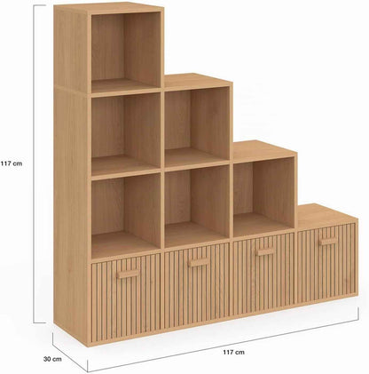 - Meuble De Rangement En Escalier LORYS Effet Lattes Juliette | 4 Niveaux Avec 4 Tiroirs En Tissu