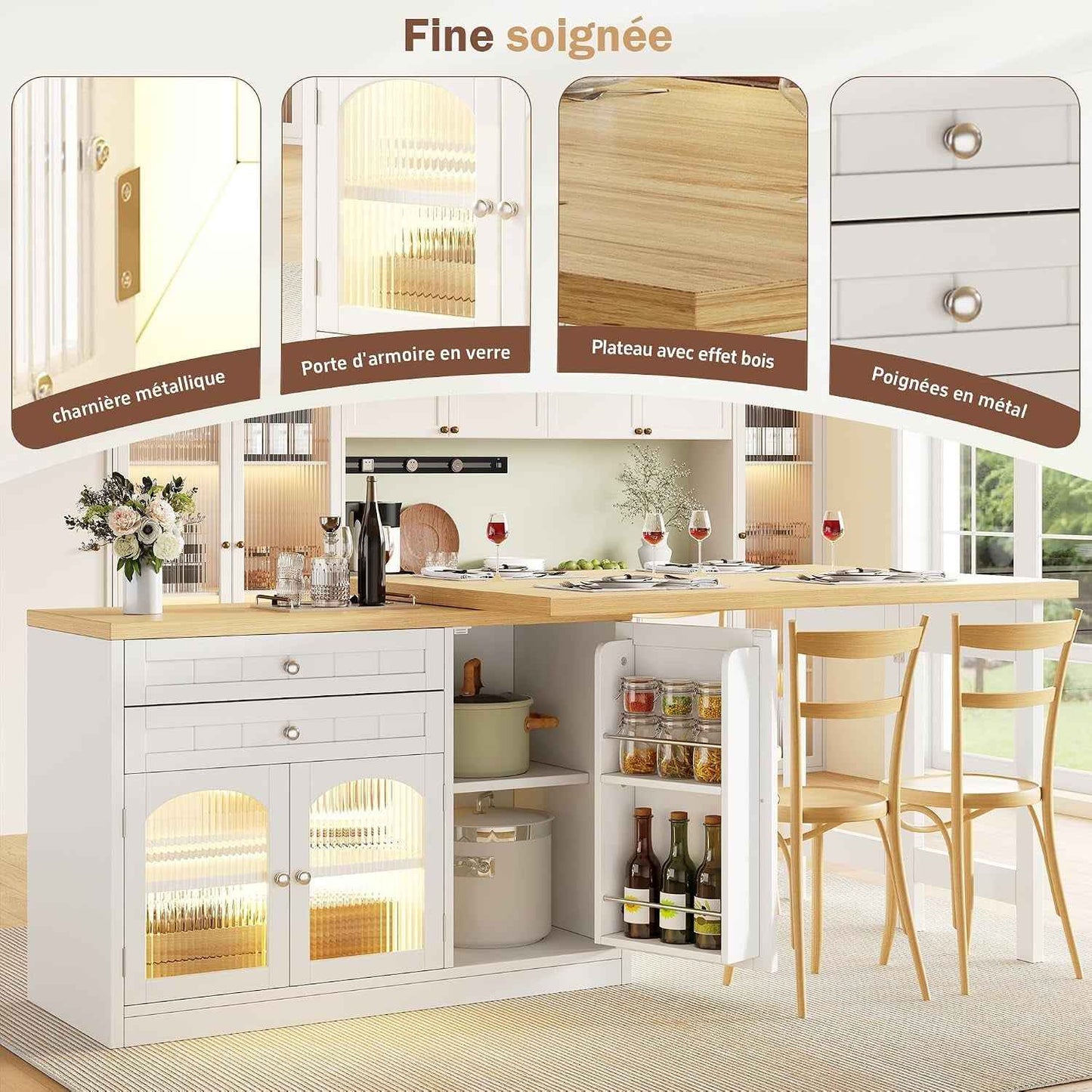 Îlot Central Cuisine Extensible 120-194 Cm Avec Plateau Pivotant 360°, Meuble De Cuisine Avec Portes En Verre Et Rangements, Blanc