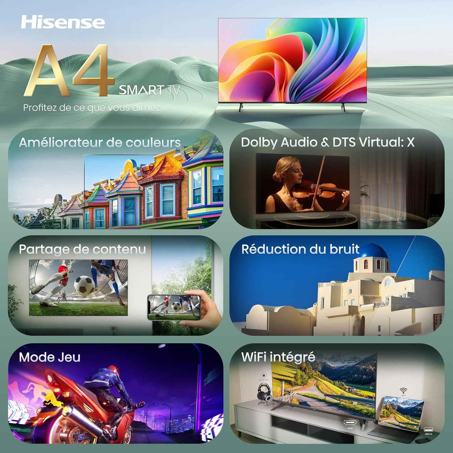 Hisense 40A4S - TV 2026 LED 40" (102 Cm) Full HD, Smart TV VIDAA, Dolby Audio & DTS HD, Wifi, Bluetooth, Design Sans Bords, Noir