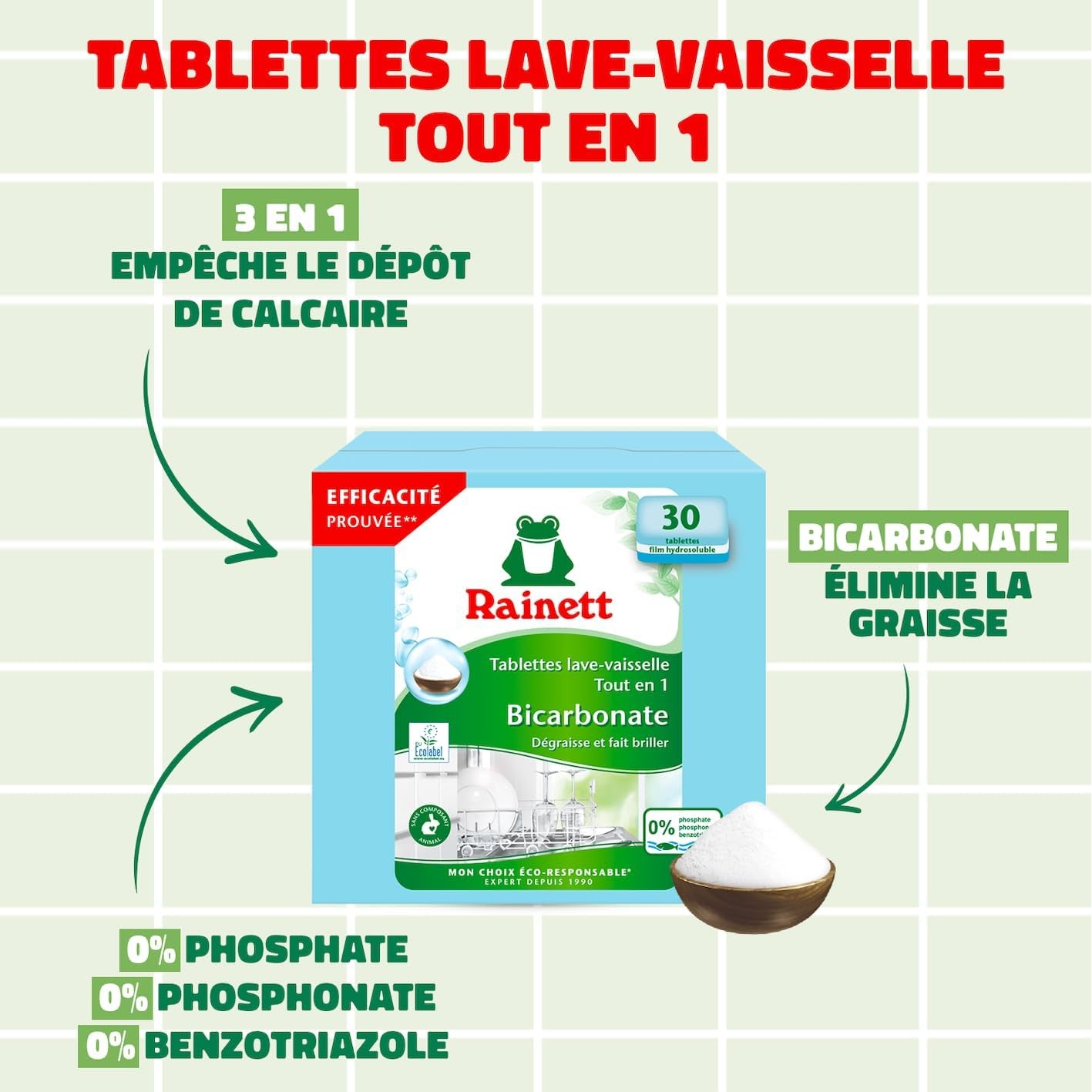 - Pastilles Lave-Vaisselle Tout-En-Un Au Bicarbonate - Résultat Brillant, Sans Traces - Etui Carton Recyclé & Recyclable - Ecolabel - 30 Tablettes