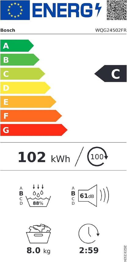 Bosch WQG24502FR Série 6 - Sèche-Linge, Autodry | Blanc, 8 Kg, Iron Assist, Pompe À Chaleur, Antivibration, Séchage Rapide 40 Minutes, Option Demi-Charge