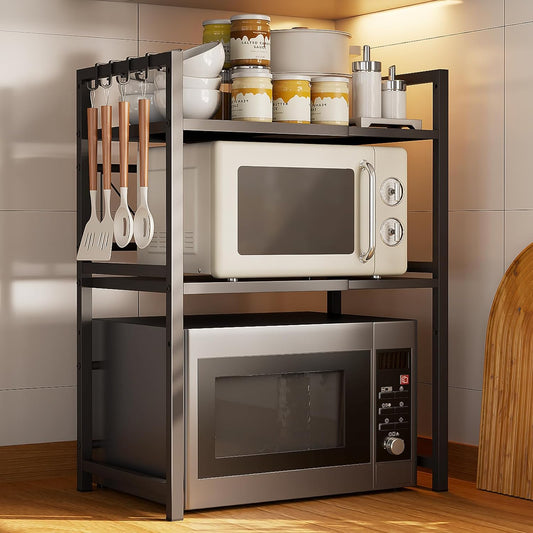Storysotre Support De Four À Micro-Ondes Extensible, Support À 3 Niveaux Pour Micro-Ondes Avec 6 Crochets, Organiseur De Cuisine Pour Plan De Travail, Étagère De Rangement Pour Four À Micro-Ondes