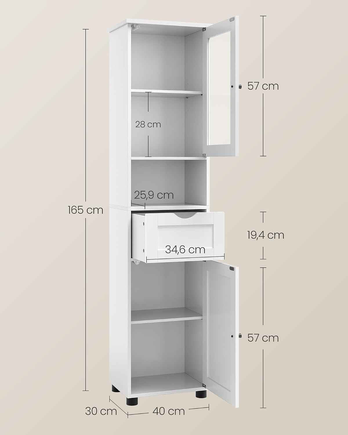 Meuble Salle De Bain, Colonne, Rangement Avec Étagères Réglables, Placards À Porte, Tiroir, Compartiment, Gain De Place, Blanc Nuage BBK163W01
