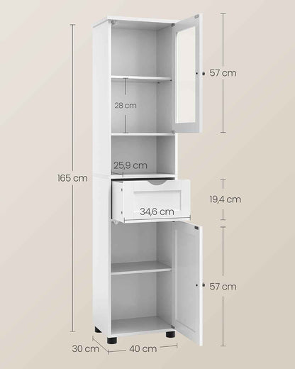 Meuble Salle De Bain, Colonne, Rangement Avec Étagères Réglables, Placards À Porte, Tiroir, Compartiment, Gain De Place, Blanc Nuage BBK163W01