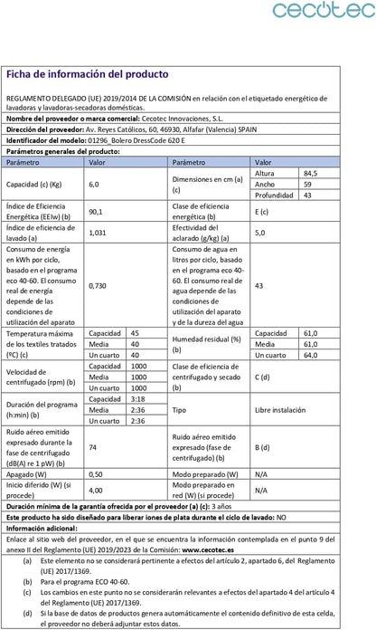 Lave-Linge 6 Kg Bolero Dresscode 620 E. Chargement Frontal, 1000 RPM, Faible Consommation D'Énergie, Drumclean, 15 Programmes, Kidlock, Prewash, Stérilisation 60ºc, Prrogramme Rapide 15'