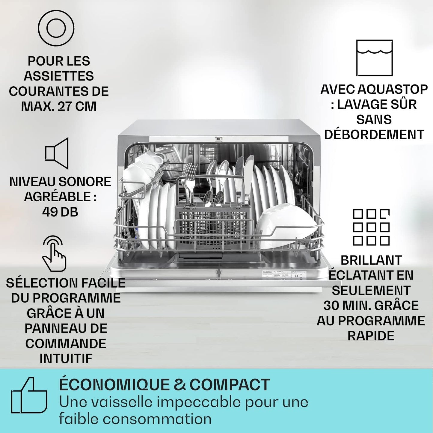 Mini Lave Vaisselle De 6 Couvert, Silencieux, 6 Programmes De Lavage, Petit Lave-Vaisselle De Table Compact, Portable, Facile À Installer Pour Maison, Bureau