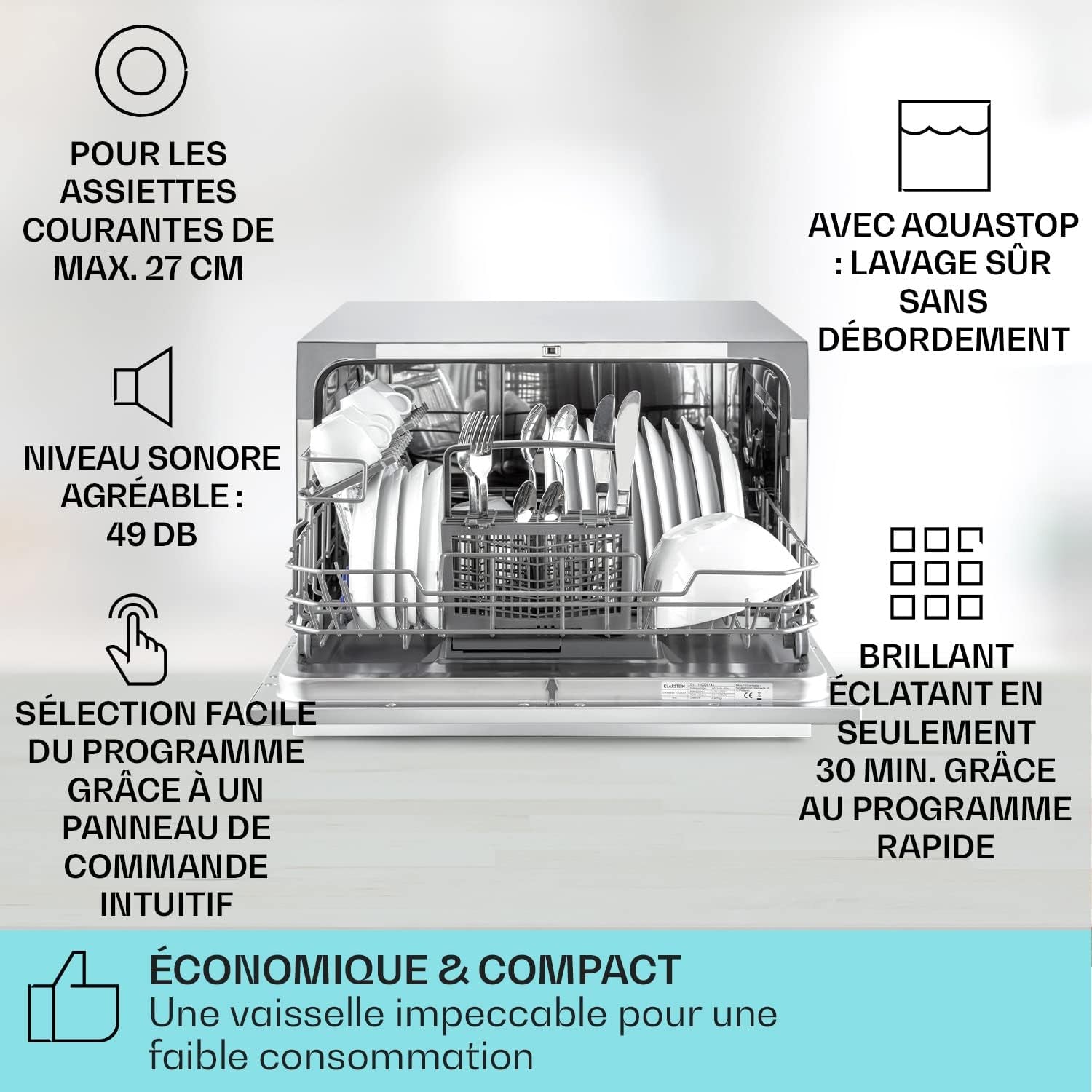 Mini Lave Vaisselle De 6 Couvert, Silencieux, 6 Programmes De Lavage, Petit Lave-Vaisselle De Table Compact, Portable, Facile À Installer Pour Maison, Bureau