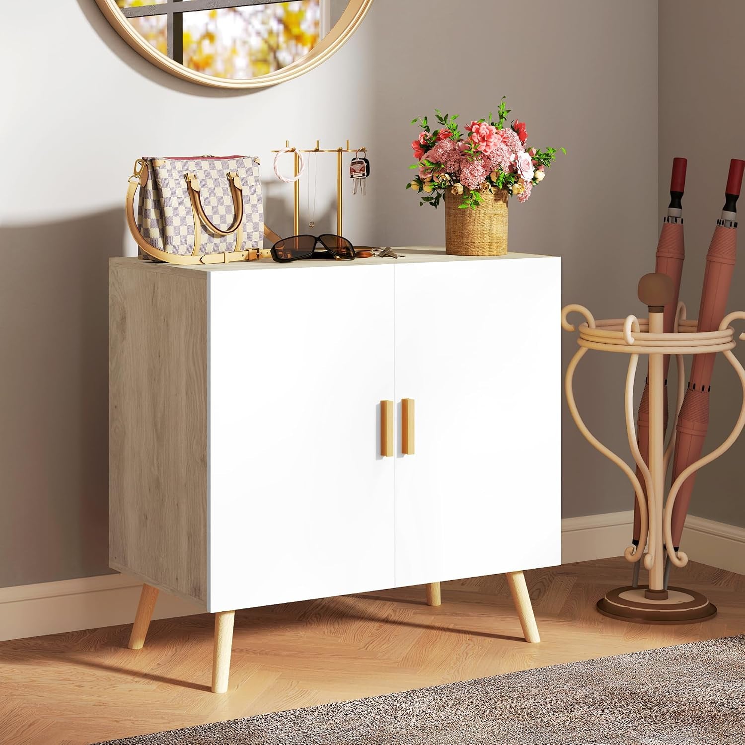 Buffet, Meuble De Rangement, Avec Poignées En Bambou, Étagère Ajustable, Base Surélevée, Pour Salon Cuisine Salle À Manger, 76 X 41,2 X 74 Cm Blanc Et Bois Naturel