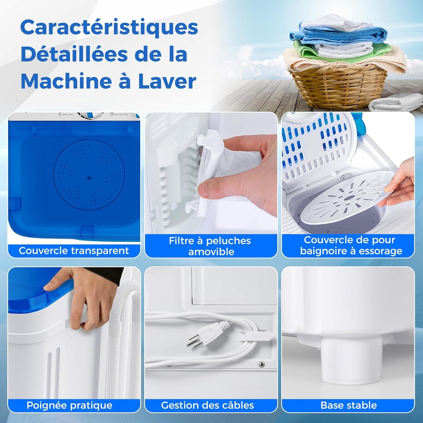 Machine À Laver Portable, Capacité De 8 Kg(5Kg Lavage & 3Kg Essoreuse), Machine À Laver À Double Cuve Avec Pompe De Vidange, Mini Machine À Laver Pour Appartements, VR Et Dorto (Bleu)