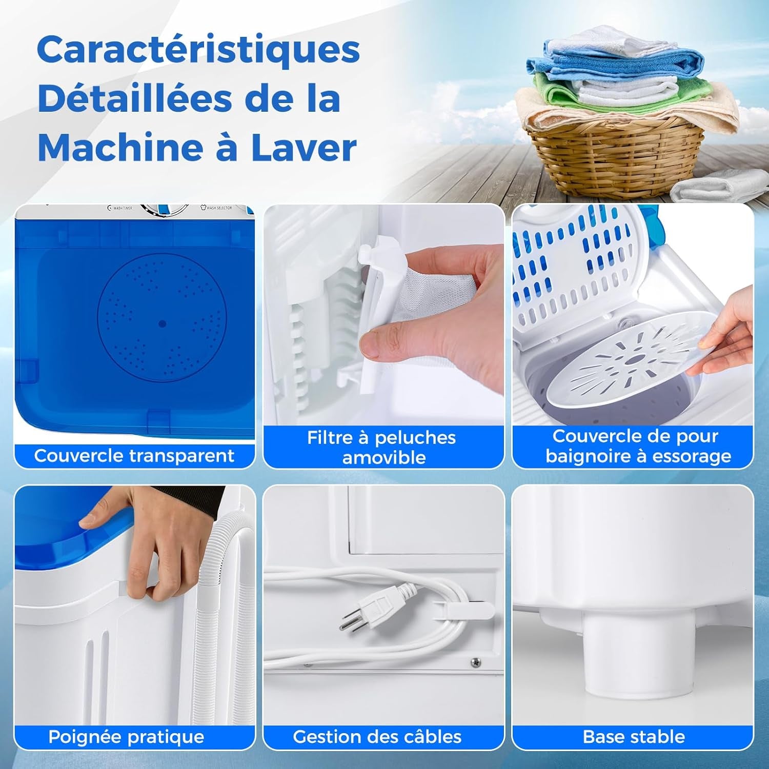 Machine À Laver Portable, Capacité De 8 Kg(5Kg Lavage & 3Kg Essoreuse), Machine À Laver À Double Cuve Avec Pompe De Vidange, Mini Machine À Laver Pour Appartements, VR Et Dorto (Bleu)