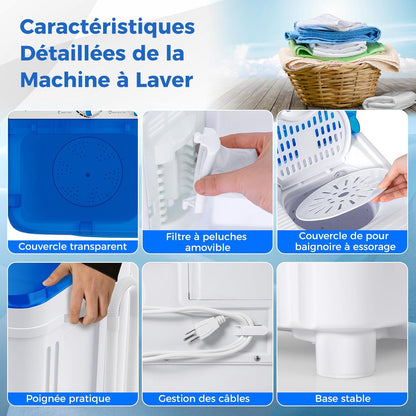 Machine À Laver Portable, Capacité De 8 Kg(5Kg Lavage & 3Kg Essoreuse), Machine À Laver À Double Cuve Avec Pompe De Vidange, Mini Machine À Laver Pour Appartements, VR Et Dorto (Bleu)