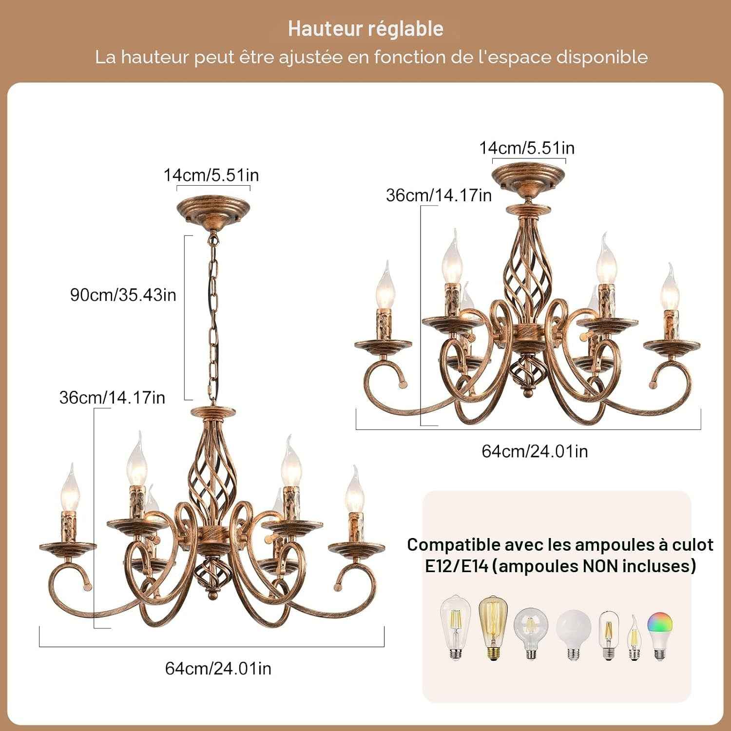 Lustre Rustique Campagne Bronze 6 Lumières Métal | Antique Suspendu Pour Îlot Cuisine Salle À Manger Ferme Salon Éclairage Vintage Hauteur Réglable