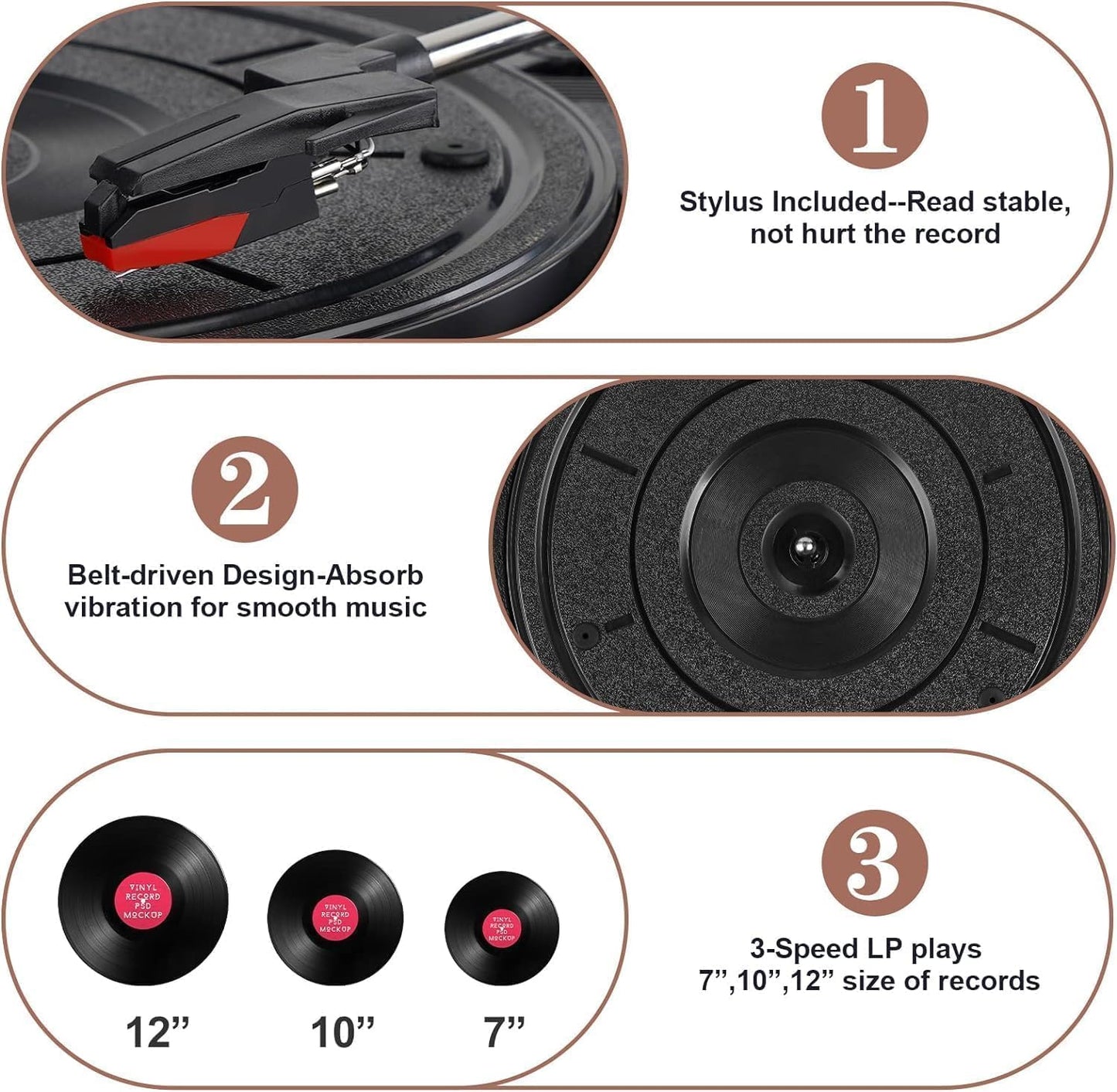 Platine Vinyle Bluetooth, Tourne Disque Avec 2 Haut-Parleurs Stéréo, Trois Vitesse 33/45/78, Prise En Charge De Usb/Aux-In/Sortie Rca,Phonographe Portable Pour Le Divertissement Et La Décoration