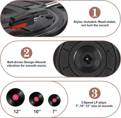 Platine Vinyle Bluetooth, Tourne Disque Avec 2 Haut-Parleurs Stéréo, Trois Vitesse 33/45/78, Prise En Charge De Usb/Aux-In/Sortie Rca,Phonographe Portable Pour Le Divertissement Et La Décoration
