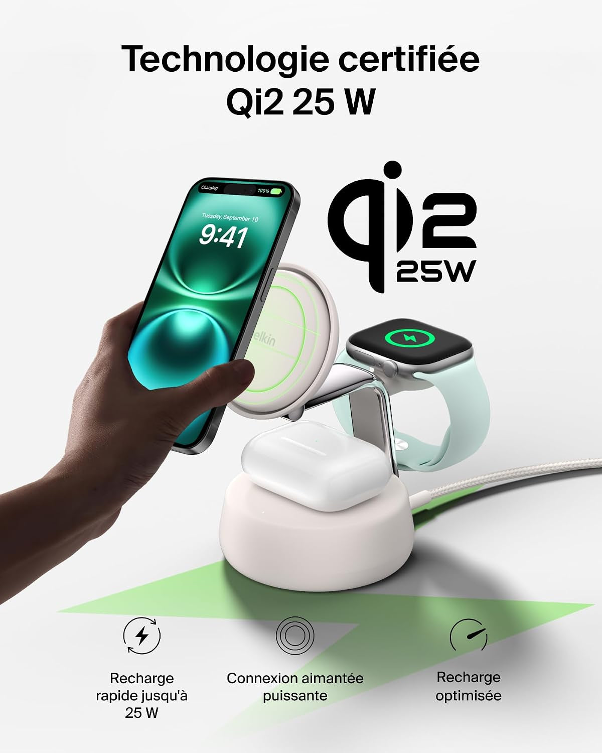 Belkin Ultracharge Pro Station Sans Fil 3-En-1 25 W, Qi2.2 - Beige | Qi2, Chargeur Magnétique Magsafe, Refroidissement, Câble Et Adaptateur Secteur 45 W, Recharge De Trois Appareils