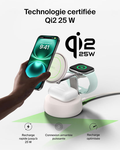 Belkin Ultracharge Pro Station Sans Fil 3-En-1 25 W, Qi2.2 - Beige | Qi2, Chargeur Magnétique Magsafe, Refroidissement, Câble Et Adaptateur Secteur 45 W, Recharge De Trois Appareils