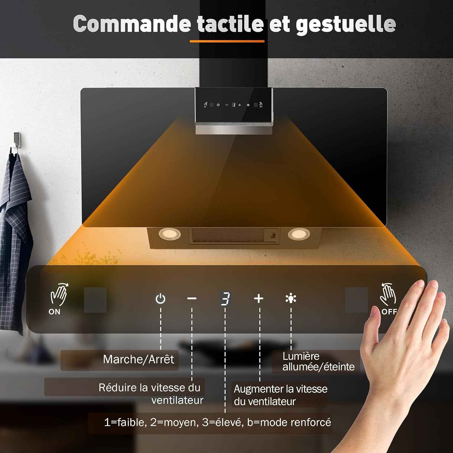 A+++ Hotte Aspirante 90 Cm, 800 M³/H, Contrôle Gestes & Tactile | Hotte De Cuisine 3 Vitesses + Mode Booster, Filtre À Charbon Actif, Recyclage/Évacuation, Panneau Verre Tactile, Hotte Noire