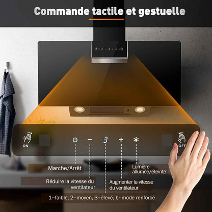 A+++ Hotte Aspirante 90 Cm, 800 M³/H, Contrôle Gestes & Tactile | Hotte De Cuisine 3 Vitesses + Mode Booster, Filtre À Charbon Actif, Recyclage/Évacuation, Panneau Verre Tactile, Hotte Noire