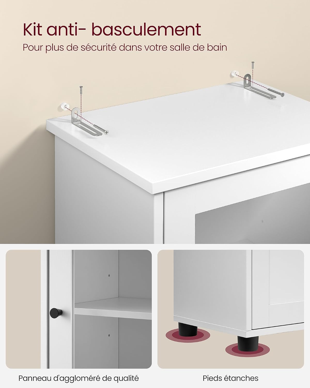 Meuble Salle De Bain, Colonne, Rangement Avec Étagères Réglables, Placards À Porte, Tiroir, Compartiment, Gain De Place, Blanc Nuage BBK163W01