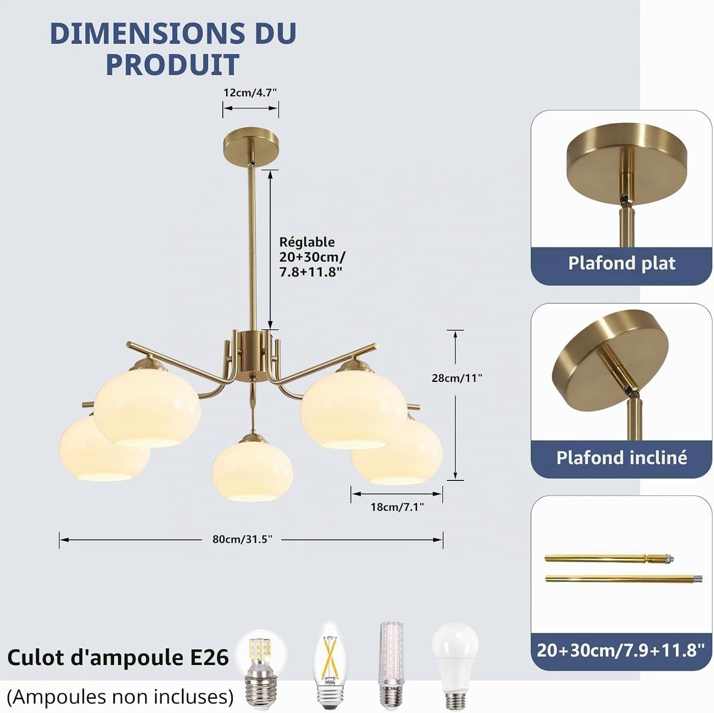 Lighting Lustre À 5 Lumières Globe Flush Mount Sputnik Luminaires Modernes En Suspension En Laiton Doré Appareil D'Éclairage Avec Globe En Verre Laiteux Lustre Pour L'Îlot De Cuisine