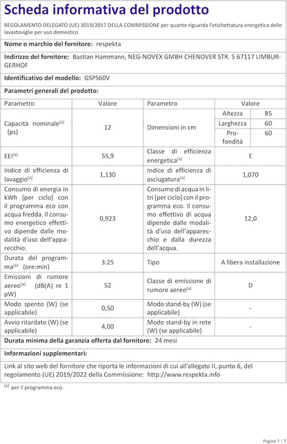 Respekta Lave-Vaisselle Autonome 60 Cm Blanc / Lave-Vaisselle Avec Panier À Couverts Flexible / 5 Programmes / Départ Différé / 12 Couverts / GSPS60V / Silencieux 52 Db