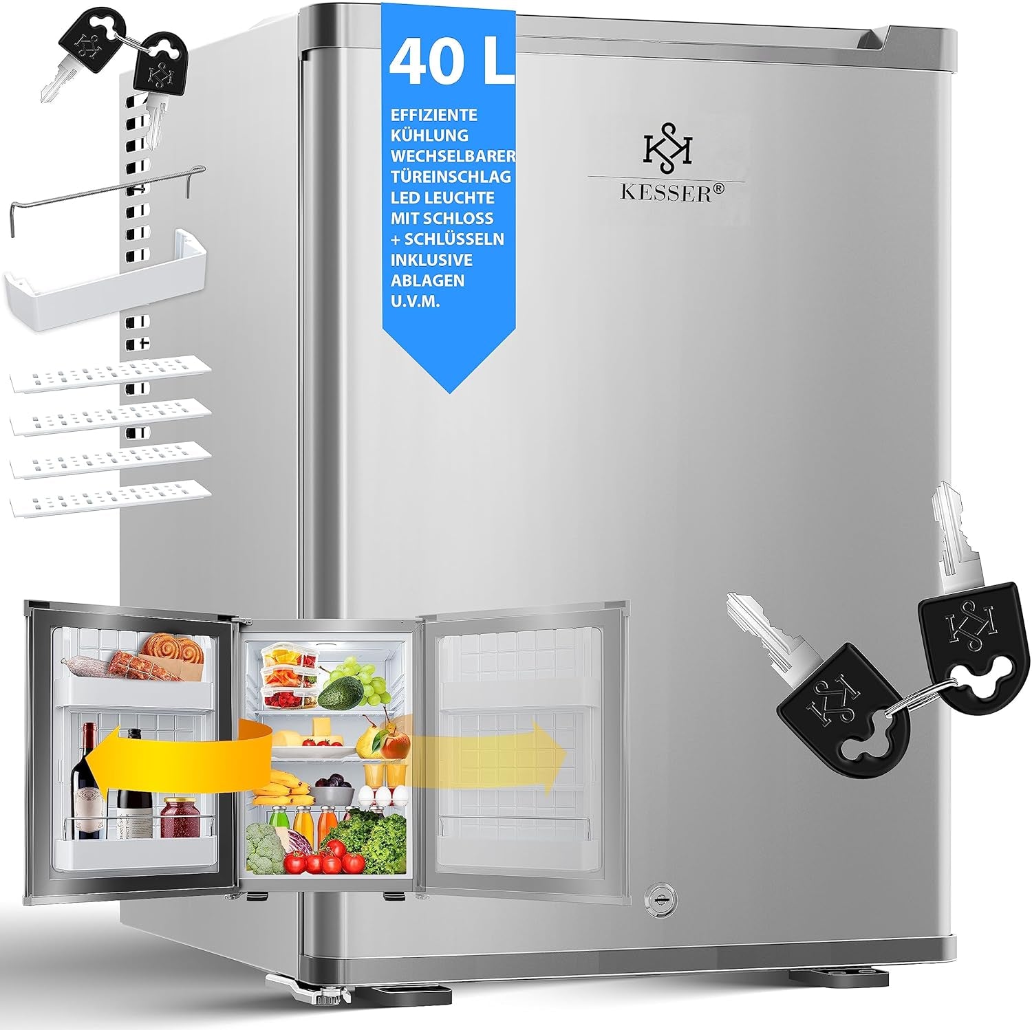 KESSER® Mini Réfrigérateur Avec Serrure, Mini Bar De 40 L, Silencieux, 22 DB, Verrouillable, Chambre À Coucher, Butée De Porte Amovible, Env. 4 À 16 °C, Hauteur 57 Cm, Éclairage Intérieur