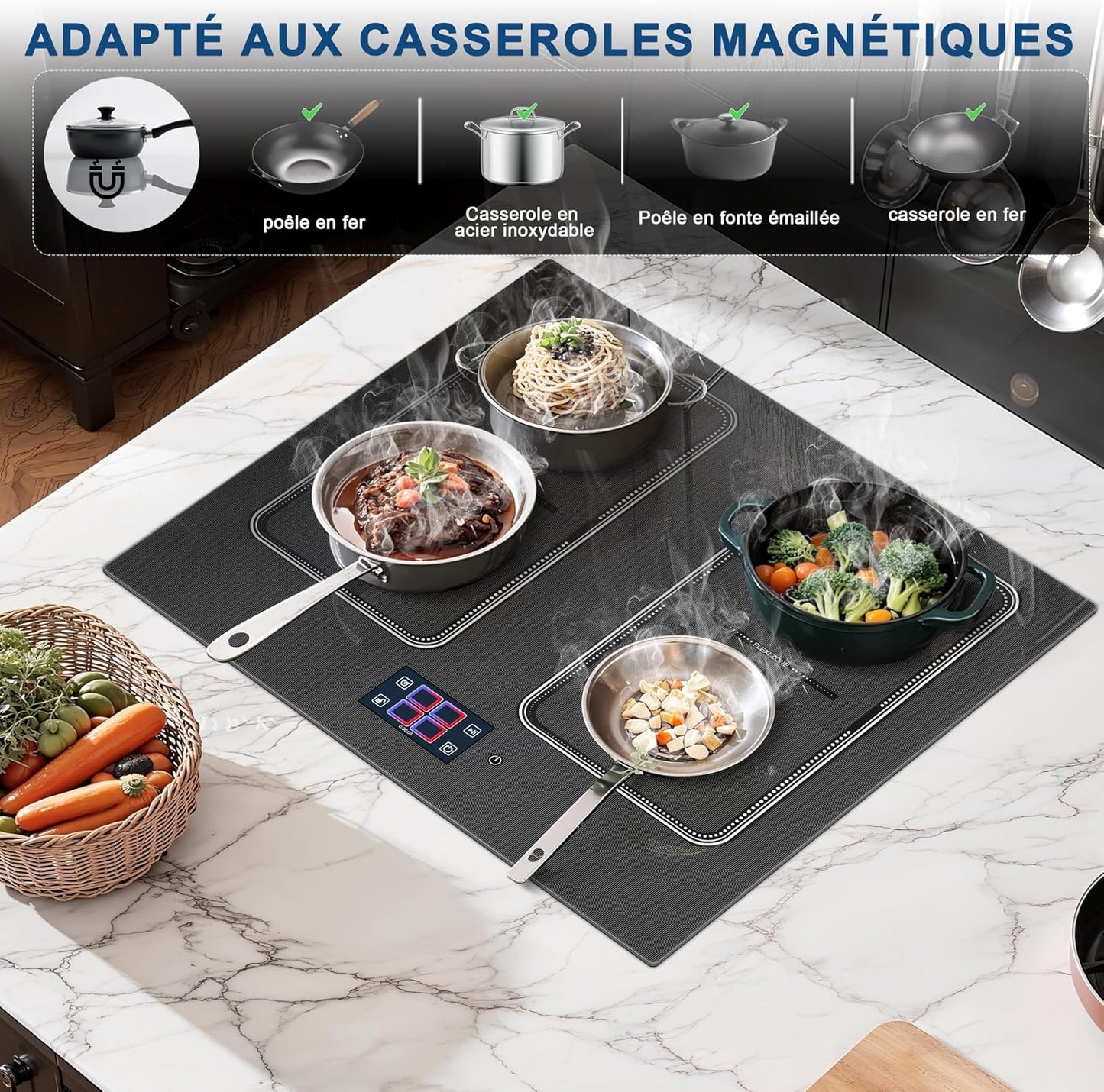 Plaque À Induction 4 Feux, Écran Tactile TFT, Table De Cuisson À Induction Encastrable 60CM, 2 Zones Flexibles, Fonctions Préréglées, Panneau De Commande Intelligent Monobloc, 7200W, 220V