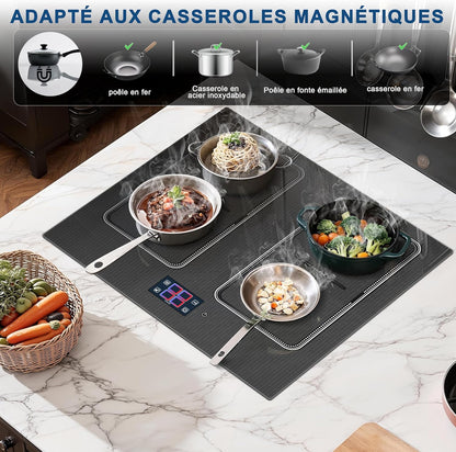 Plaque À Induction 4 Feux, Écran Tactile TFT, Table De Cuisson À Induction Encastrable 60CM, 2 Zones Flexibles, Fonctions Préréglées, Panneau De Commande Intelligent Monobloc, 7200W, 220V