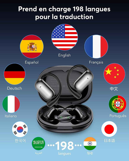 AI Écouteurs Traduction Instantanée 198 Langues 80H Bluetooth 6.1 | Oreillette Traducteur 8 Modes Affaires Voyage Étude, Noir